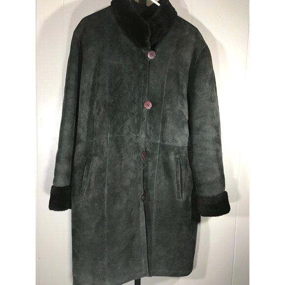 Blue Duck Womens Shearling Leather Suede Button Long Coat Black Size XL - Picture 1 of 6